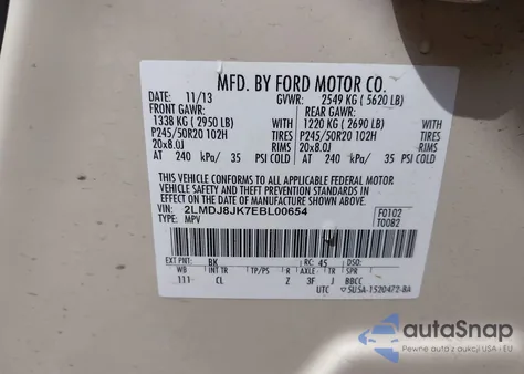 2014 Lincoln Mkx из США, поврежденный, VIN 2LMDJ8JK7EBL00654